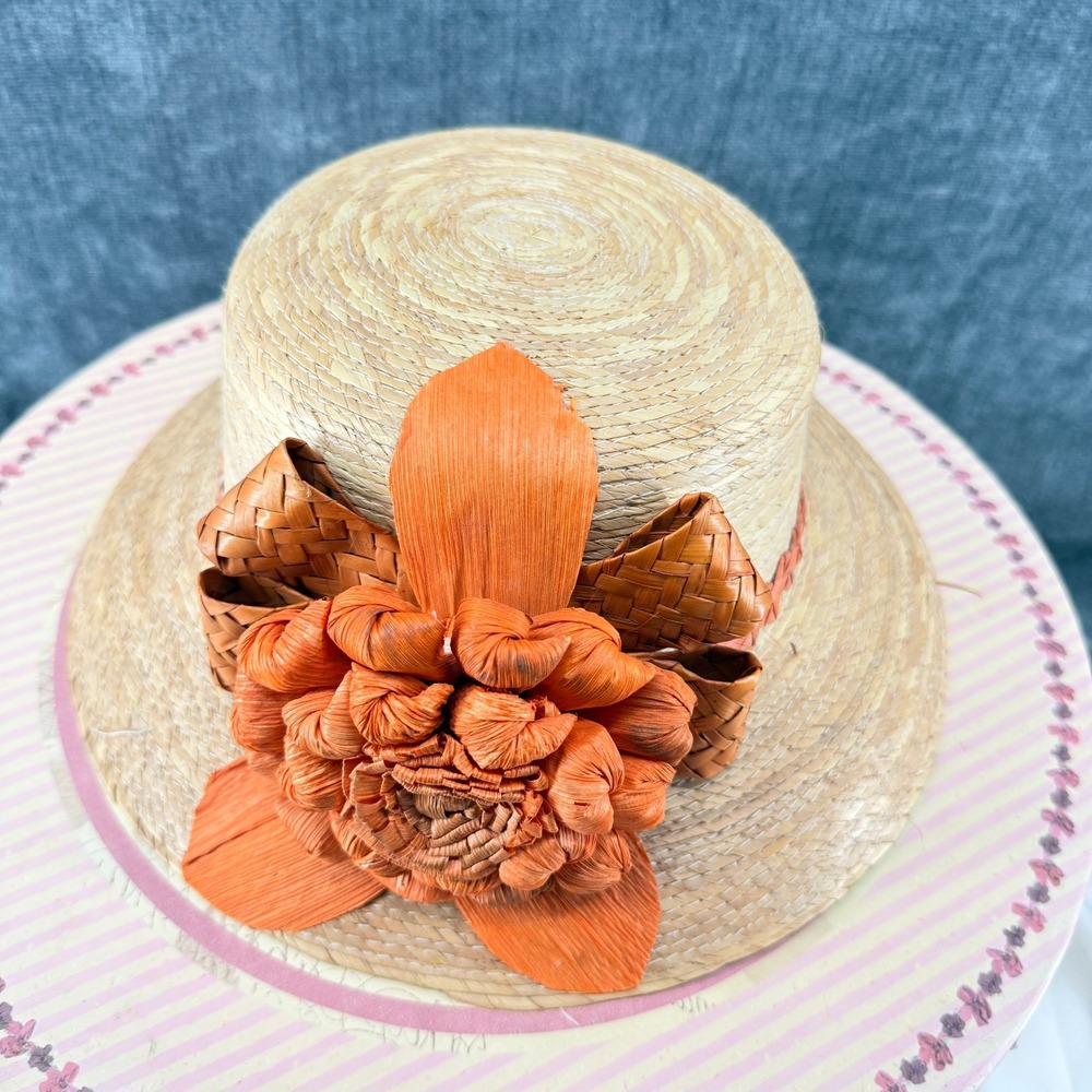 Vintage Women's Straw Hat Lot 4 Floral Church Easter Kentucky Derby Hats + Box